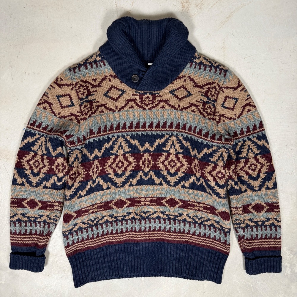 Schott Bros Mens M Wool Blend Shawl Collar Southwestern Fair Isle Sweater Navy